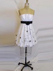 Strapless Short Length White Satin Homecoming Gown of Black Flower and Applique