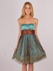 Strapless Voluminous Short A-Line Homecoming Gown of Brown Satin Sash and Light Tulle Skirt