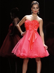 Strapless Watermelon Short Knee-Length Tulle Homecoming Gown of Bow Tie and Floral