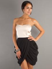 Strapless White Black Short Length Satin and Chiffon Homecoming Gown of Draped Skirt