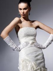 Strapless White Heavy Silky Taffeta Cocktail Gown of Beaded Accent and Rosette Skirt