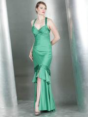 Stretch Satin Fabric Sweetheart Neckline Ruffled Ornament Front Slit Accented Evening Dresses