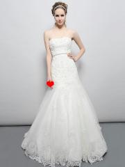 Stunning Floor-length Strapless Lace Applique Court Train A-line Wedding Dress with Rhinestones Belt