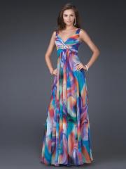 Stunning Halter Top Floor Length Draped Multi-Color Printed Evening Gown of Brooch