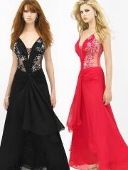 Stunning Spaghetti Strap Neck Ankle-Length Watermelon or Black Chiffon Celebrity Gown