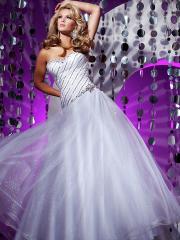 Stunning Strapless Floor Length Ball Gown White Satin and Tulle Sequined Evening Dress