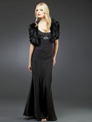 Stunning Strapless Neck Floor Length Sheath Style Black Satin Celebrity Gown with Feathered Jacket