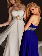 Stunning Strapless White or Dark Royal Blue Chiffon Beaded Bust Zipper Evening Gowns