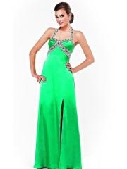 Sumptuous Beaded Halter Top Green Silky Satin Slit Floor Length Evening Dress