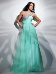 Sumptuous One-Shoulder Empire Style Sage Chiffon Beaded Bodice Floor Length Wedding Party Dress