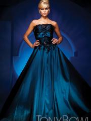 Sumptuous Strapless Floor Length Dark Royal Blue Elastic Satin Celebrity Gown of Embroidery