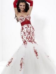 Sumptuous Sweetheart Floor Length Mermaid White Red Appliqued Tulle Celebrity Outwear