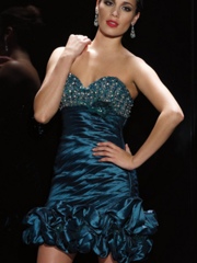 Sweetheart Dark Navy Taffeta Cocktail Gown of Sequined Bodice and Ruffled Skirt