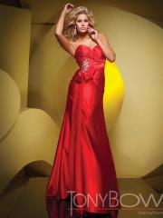 Sweetheart Floor Length Empire Red Silky Satin Celebrity Gown of Bow Tie and Beadwork Front