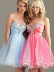 Sweetheart Short Homecoming Gown of Sequined Bust and Tulle Ruffled Skirt on Sale