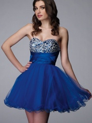 Sweetheart Short Length Dark Royal Blue Tulle Homecoming Gown of Sequined Bodice