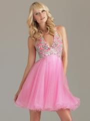 Sweetly Pink Halter Neckline Embroidered Sequined Bodice Flowing A-line Prom Dresses