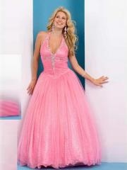 Sweetly Pink Tulle Fabric Halter Strap Deep V-neckline Full Length Ball Gown Quinceanera Dresses