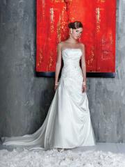Taffeta Strapless Gown with Rouched Bodice and Asymmetrically Draped Skirt Adorned Dresses