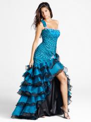 Taffeta and Organza Modern Style One-shoulder Strap Beaded Accented High Low Prom Dresses