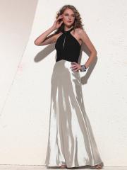 Tow-Toned Satin High Neckline Keyhole Accented Full Length Elegant Evening Dresses
