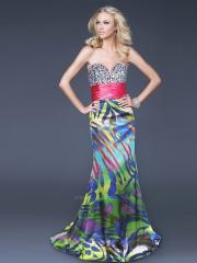 Trumpet Floor Length Beaded Bodice and Multi-Color Printed Evening Dress