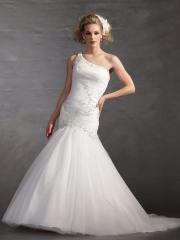 Trumpet Skirt Dropped Waist Strapless Neckline and Ruched Bodice With Lace Beaded Appliques