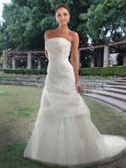 Tulle Fit And Flare Gown with Straight Strapless Neckline Button Detail Over Zipper Wedding Dresses