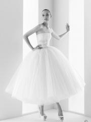 Tulle Strapless Neckline with Ruched Bodice and Tea length Ball Gown Wedding Dress