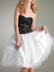 Two-toned A-line Strapless Sweetheart Neckline Jeweled Bodice Satin Organza Prom Dresses