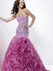 Unequalled Strapless Mermaid Floor Length Printed Bodice and Rosettes Embellished Skirt Dress