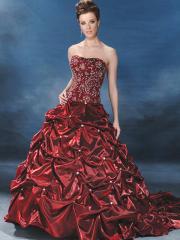 Unique Burgundy Ball Gown Strapless Chapel Train Satin Wedding Dress