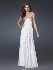 Unique Gold Sequined White Print Chiffon Strapless Sweetheart Sleeveless Floor-Length Celebrity Dress
