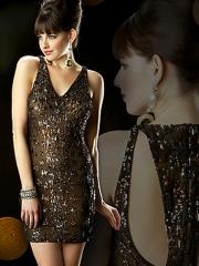Unique Short Sequined Fabric V-neckline Cut-out Back Fashion Sheath Style Cocktail Dresses
