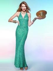 V-Neck Floor Length Sheath Green Sequined Cloth Crisscross Back Celebrity Dress