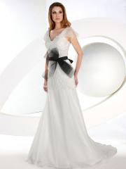 V-Neck Gown with Cascading Tulle Sleeve Over Venice Lace Extends From The Bodice Wedding Dresses