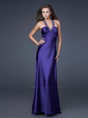 Vintage Halter Neck Purple Silky Satin Floor Length Sheath Beaded Prom Gowns