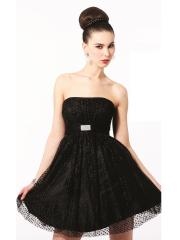 Vintage Strapless Black A-Line Dotted Tulle Short Length Brooch Front Waist Homecoming Dress