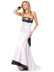 Vintage Strapless White and Black Satin Floor Length Celebrity Gown of Bow Tie Back
