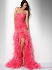 Watermelon Strapless A-line Style Ruffled Skirt High Low Slit Court Train Prom Dresses