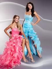 Whimsical Organza Strapless Beaded Bodice High Low Beautiful Ruffed Skirt Prom Dresses