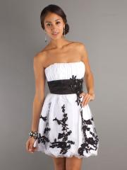 White Black Satin Tulle Ruche Strapless Neckline Sleeveless Short Homecoming Dress