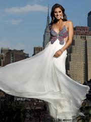 White Chiffon Beaded Butterfly Bodice Spaghetti Straps V-Neck Neckline Sleeveless Floor-Length Prom Dress