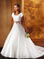White Jewel Satin Short Sleeves A-Line Wedding Dress