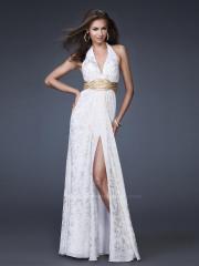 White Print Chiffon Halter V-Neck Neckline Sleeveless Sequined Waist Side Slit Floor-Length Prom Dress