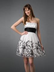 White Satin A-line Style Strapless Empire Waist Embroidered Organza Homecoming Dresses