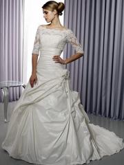 White with Half-Sleeves and Chapel Train Wedding Dress