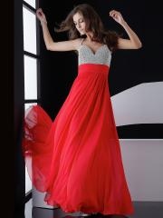 Wonderful Halter Beaded Top Sheath Style Floor Length Red Chiffon Backless Evening Dress