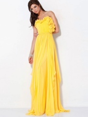 Yellow Chiffon Rosettes Embellished Strapless Sweetheart Neckline Sleeveless Floor-Length Prom Dress