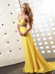 Yellow Chiffon Sequined Wide Straps Low V-Neck Sleeveless Sweep Train Evening Dress